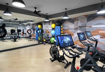 a workout room with a bunch of exercise bikes and balls in it
